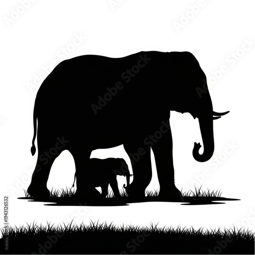 Elephant and Baby Silhouette Illustration.