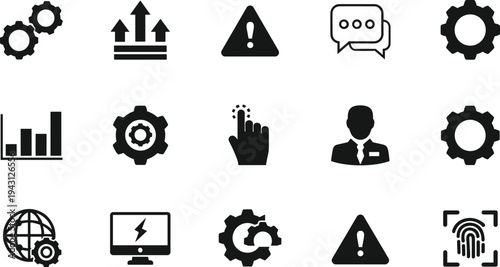 Business and technology icon set including settings chart warning message fingerprint analytics and communication symbols flat vector illustration