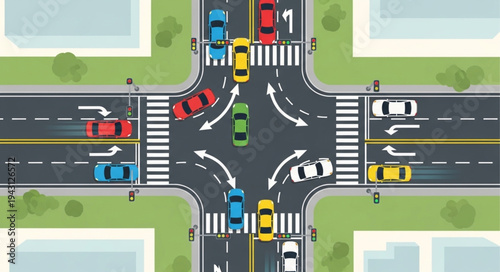 Aerial View of a Busy City Intersection with Cars.