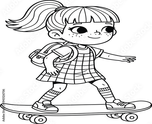 Colorful girl riding skateboard fun activity color page