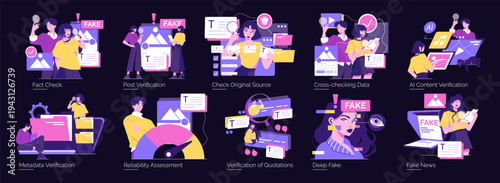Digital Verification Process Vector Illustration Set