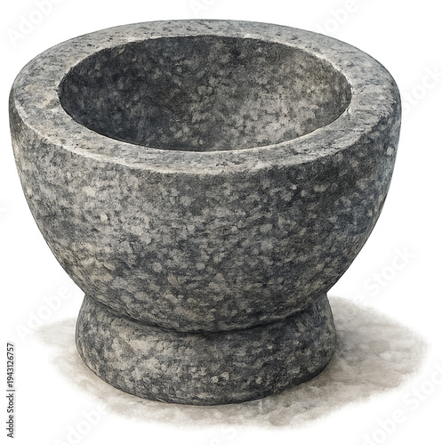 Stone mortar bowl watercolor illustration isolated on transparent background