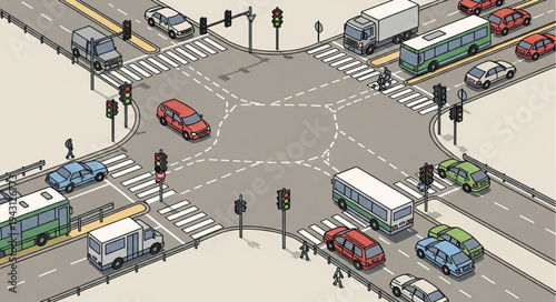 Busy City Intersection with Cars and Pedestrian Crossings.