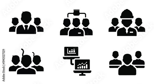 Set of 6 black and white flat vector icons depicting various business teams, professional groups, and network connections, ideal for corporate websites and presentations.