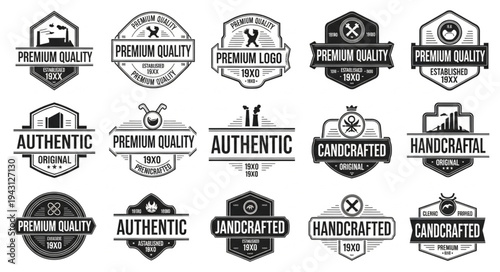 Collection of Vintage Style Badges and Logos with Text and Graphic Elements.