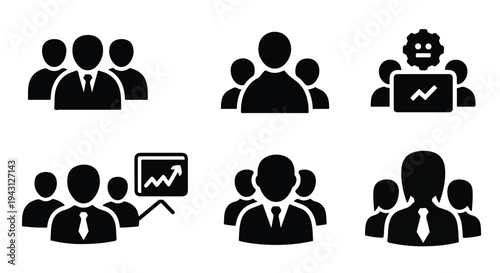 Set of 6 black glyph vector icons depicting business people, teams, and meetings, ideal for corporate presentations, websites, and marketing materials.