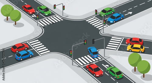 Isometric View of a Busy Four-Way Intersection with Cars.