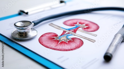 Stethoscope, Kidney Anatomy Diagram and Medical Instruments on Clipboard for Medical Education and Research