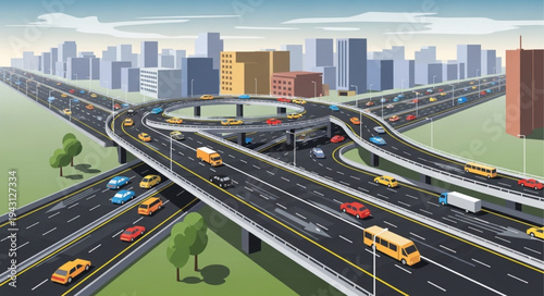 City Highway Interchange with Traffic and Urban Skyline.