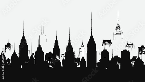 Silhouetted skyline with iconic buildings and a hot air balloon