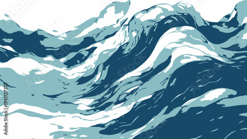 Vector abstract rendering of waves in motion, conveying a sense of fluidity, power, and the deep blue hues of the ocean. The artwork captures the dynamic nature of water.