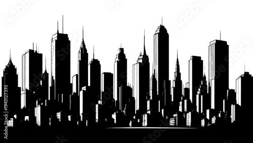 Modern skyline with diverse high-rise buildings in silhouette style