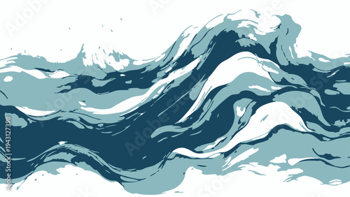 Vector dynamic and stylized representation of ocean waves, capturing their power and beauty with sweeping brushstrokes, evoking a sense of movement and the raw energy of the sea.