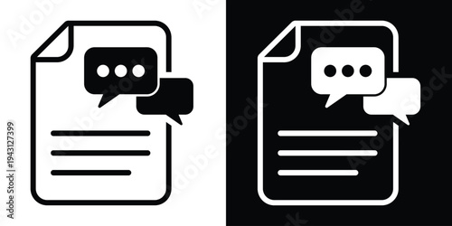Document with chat bubbles icon. Represents digital feedback, file commenting, collaborative editing, and professional communication on paperwork or online reports.