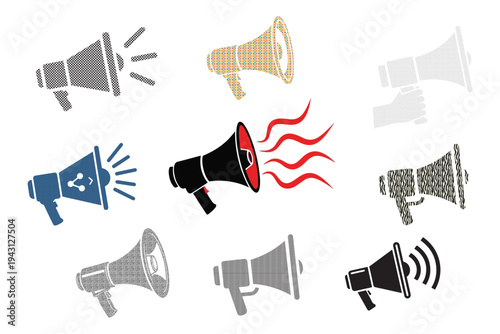 Collection of diverse megaphone icons in various styles and colors representing communication and announcement themes