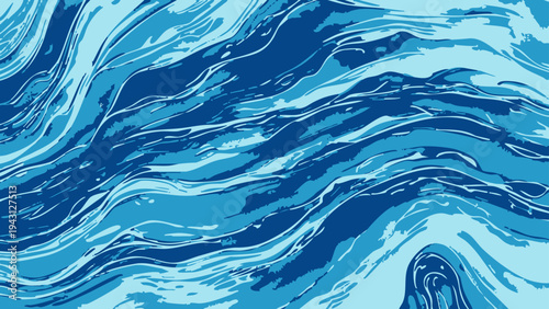 Vector abstract ocean current undulates with rhythmic flow of blue and white energy, symbolizing fluidity and interconnectedness of nature.