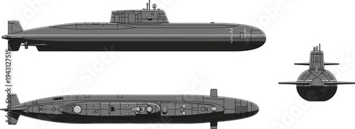 Military submarine technical vector illustration with side top and front views detailed naval underwater vessel blueprint style isolated design