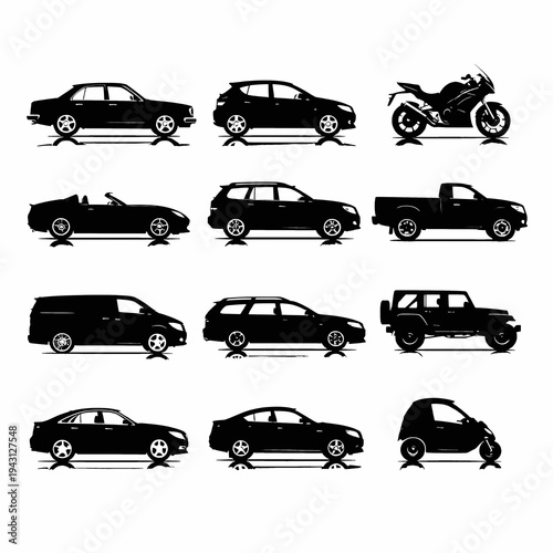 Assorted silhouettes of various modern vehicles including cars and motorcycles
