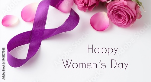 Purple Ribbon and Pink Roses for Women's Day Celebration