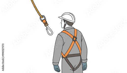 A worker in a safety harness and hard hat stands by a rope