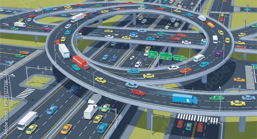 Complex Highway Interchange with Heavy Traffic Flow and Infrastructure.