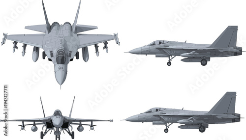 Modern fighter jet aircraft illustration set with front and side views detailed military aviation vector for defense, air force and combat design