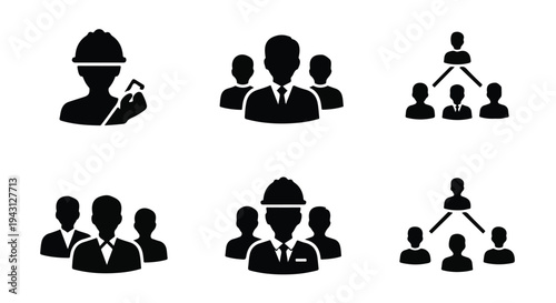 Set of 6 Black Silhouette Business People and Team Organization Vector Icons for Corporate Structure and Management