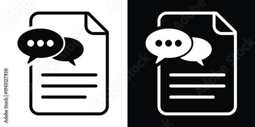 Document with chat bubbles icon. Represents digital feedback, file commenting, collaborative editing, and professional communication on paperwork or online reports.