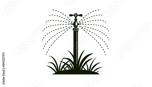 A black silhouette of a sprinkler watering grass on a white background
