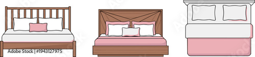 Modern wooden bed designs set with pillows and mattress bedroom furniture collection top and front view flat vector illustration