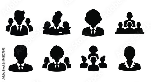 Set of 8 Black Silhouette Business People Icons Vector for Teamwork, Management, and Corporate Staff Representation, Ideal for Websites and Presentations