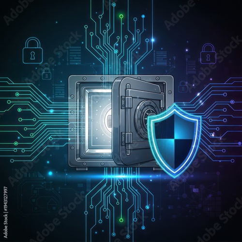 Robust Digital Security Concept with Secure Safe, Shield, and Circuit Board Network for Data Protection and Cyber Defense.