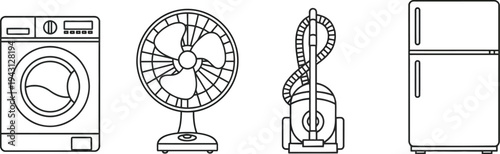Appliance vector icons including washing machine, fan, vacuum and refrigerator