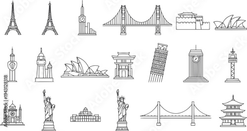 World landmarks icon set in a minimal outline style. Collection of famous international travel destinations like paris, san francisco, and asia for graphic design elements