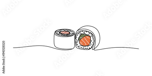 Continuous line drawing of two sushi rolls with salmon on a white background one black