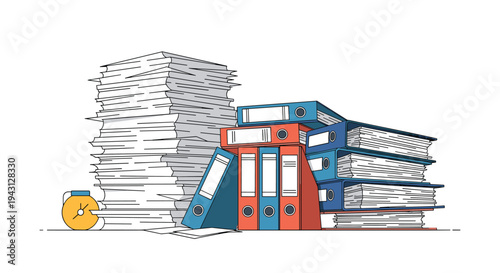 Large messy pile of white papers next to several organized blue and red binders with a yellow clock indicating urgent work deadlines.