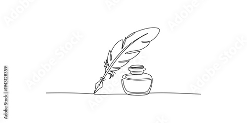 Line drawing of quill pen and inkwell on a flat surface art illustration writing stationery