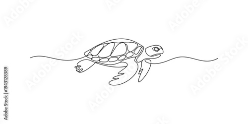 One line drawing of a sea turtle swimming in the ocean water continuous minimalist black