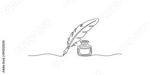 Inkwell and quill pen in a simple line drawing style on white writing draw illustration