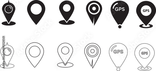 Collection of versatile location pin icons in solid black and outline styles for navigation and mapping purposes