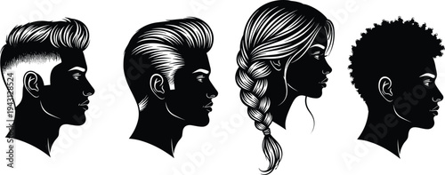 Collection of male and female hairstyle profile silhouettes showing modern haircut styles barber and beauty salon concept vector illustration