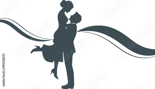 A loving couple silhouette illustration with flowing ribbons in the background