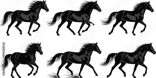 Running horse silhouettes collection showing galloping black horses isolated vector illustration set for equestrian, farm, wildlife and sport design