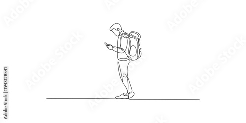 A man with a backpack looking at his phone in a simple line drawing style