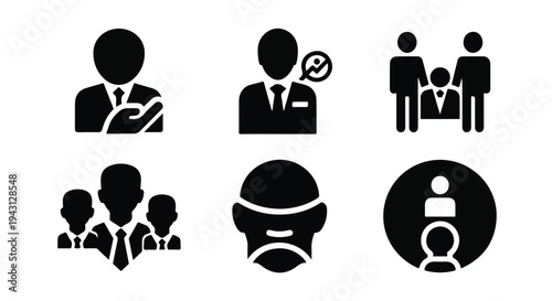 Set of 6 black glyph vector icons depicting business people, human resources, and team management concepts for corporate websites and presentations