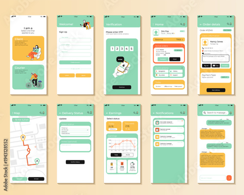 Modern courier delivery mobile app UI kit with multiple screens including dashboard, order tracking, map navigation, chat, notifications and earnings statistics. Clean interface design for logistics 