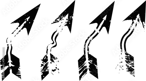 set of four black grunge arrow icons with distressed texture, different curved and straight arrow shapes