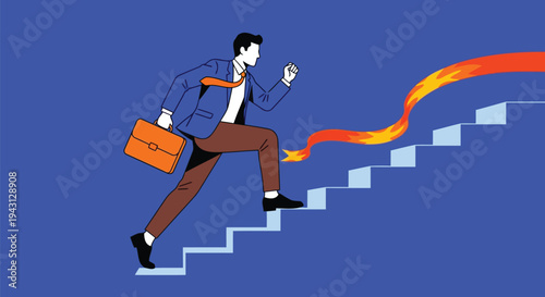 Ambitious Businessman With Briefcase Climbing Stairs Towards Success Ribbon Representing Career Growth Achievement Progress And Overcoming Business Challenges In Vector Illustration