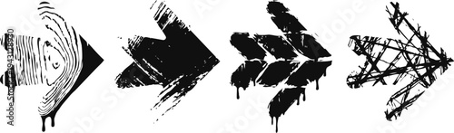 abstract black ink arrows pointing right with textured brush stroke designs on white background