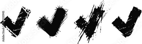 Grunge black check marks set distressed hand drawn ticks with rough brush strokes